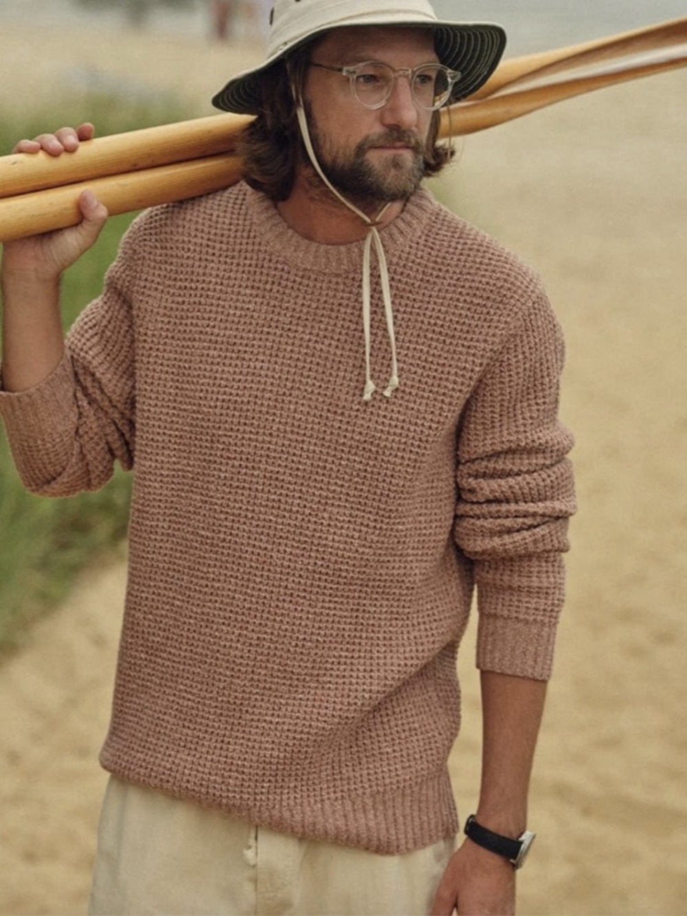 Wellen Headlands Sweater, Adobe Heather, Medium Waffle Knit Recycled Cotton Crew